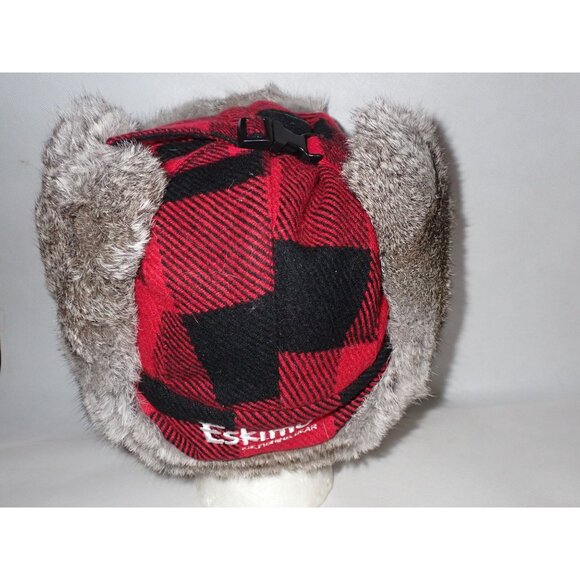 Eskimo Ice Fishing Gear‎ Red Black Buffalo Plaid Fur Flap Hat Alaskan Hunting L - Picture 10 of 11
